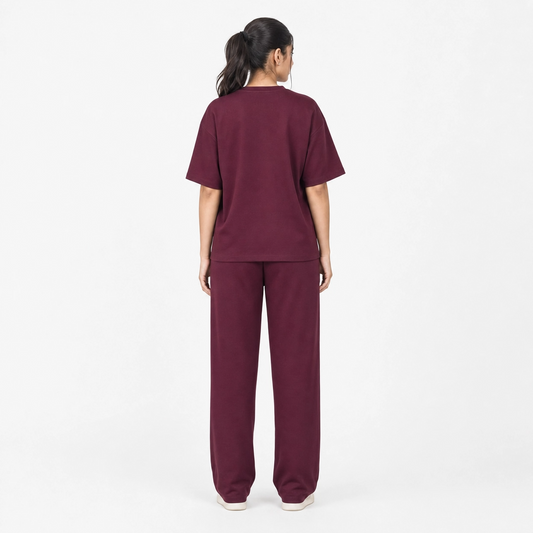 Back view of the Burgundy Drop Shoulder tracksuit