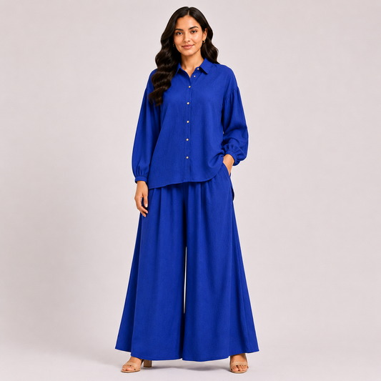 Woman wearing the Royal Blue Flapper co-ord set, front view