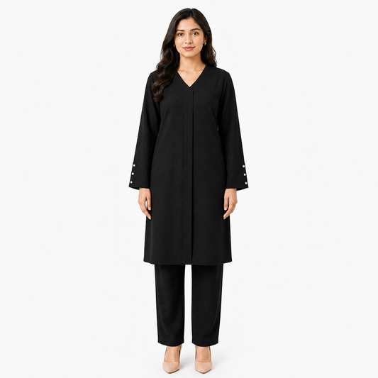 Woman wearing the Black V-Neck co-ord set, front view