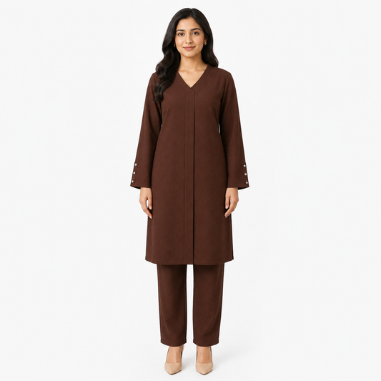 Woman wearing the Chocolate Brown V-Neck co-ord set, front view