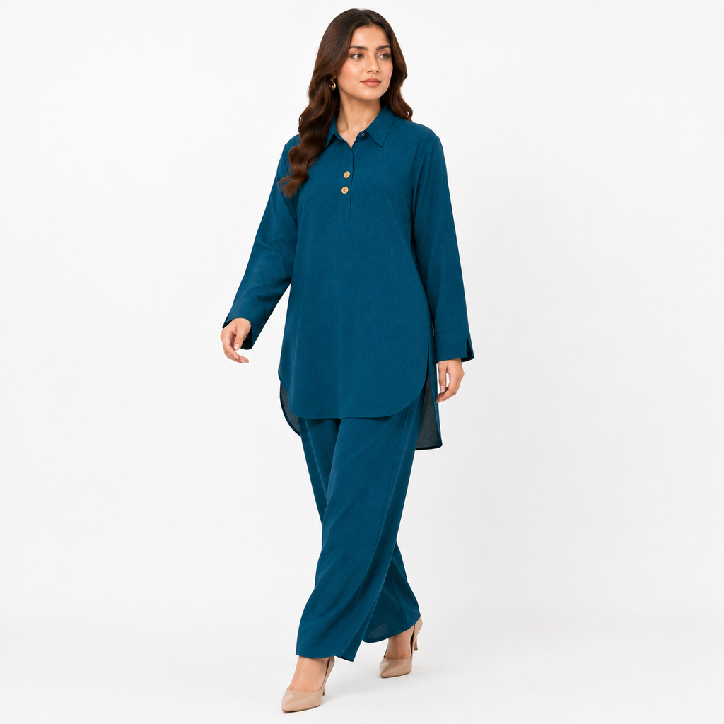 Peacock Teal Placket Co-Ord Set