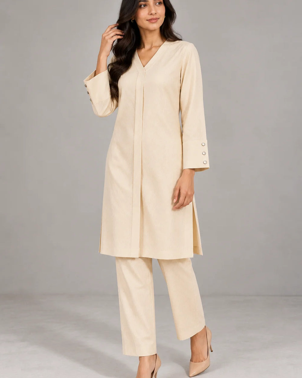 Cream V-Neck Co-ord Set