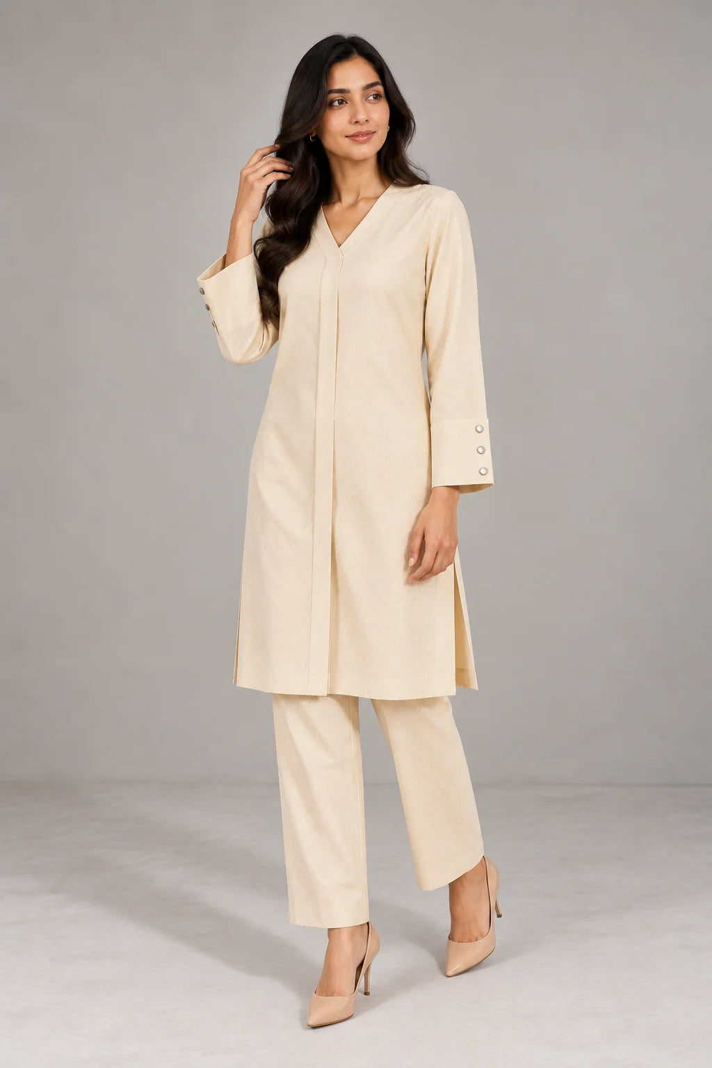 Cream V-Neck Co-ord Set