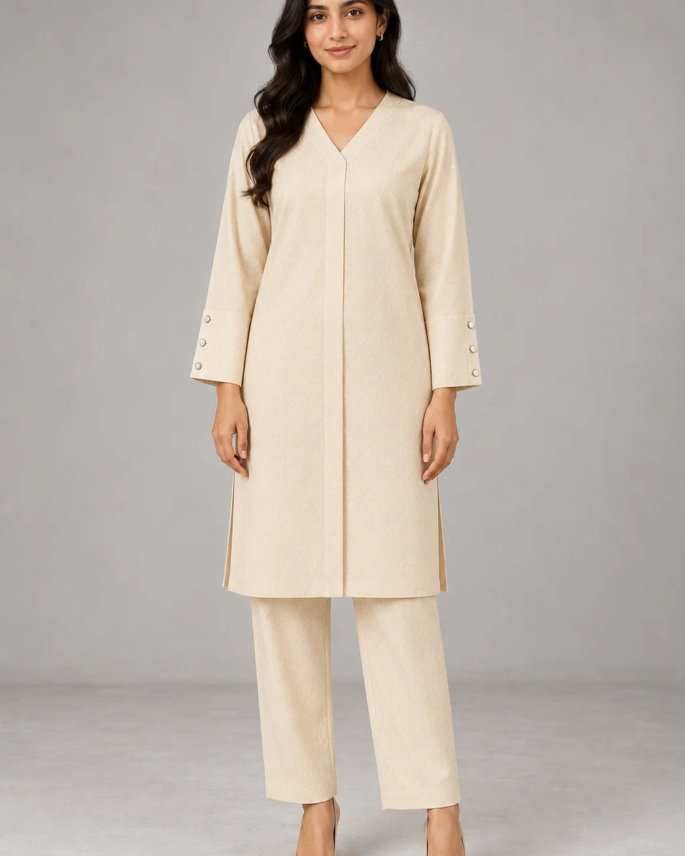 Cream V-Neck Co-ord Set