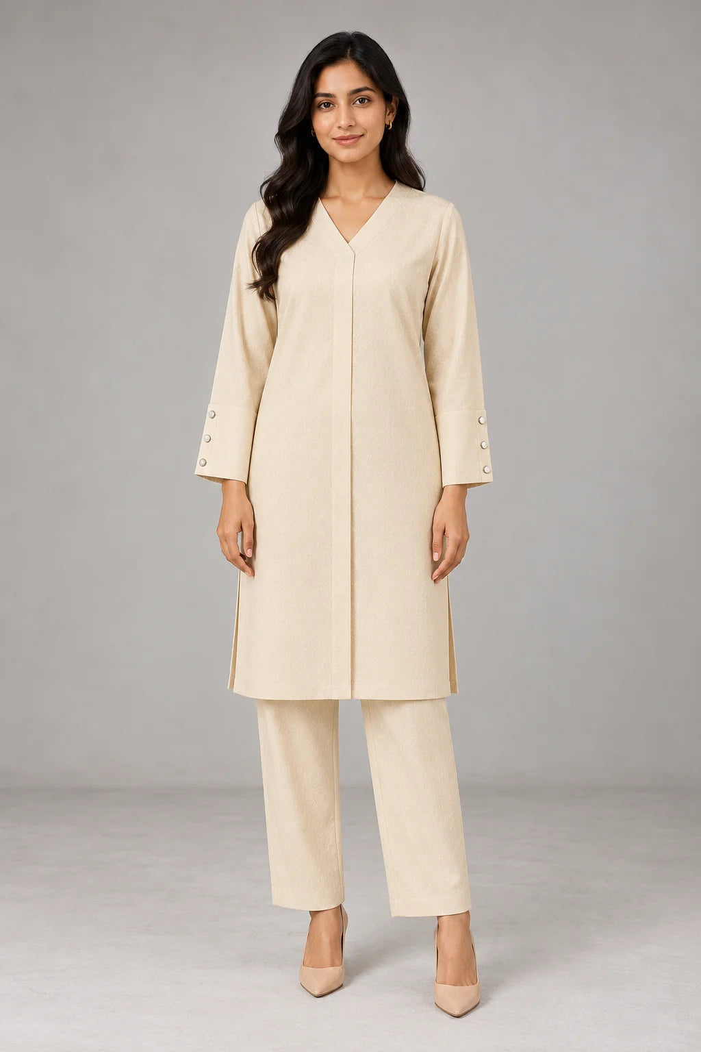Cream V-Neck Co-ord Set