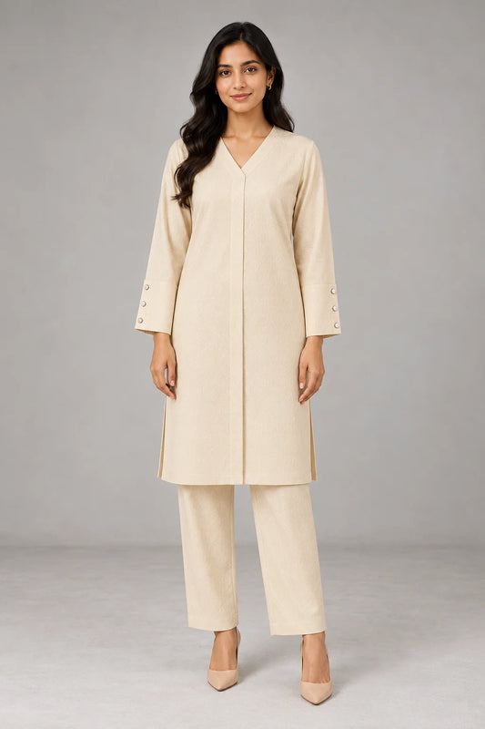 Cream V-Neck Co-ord Set
