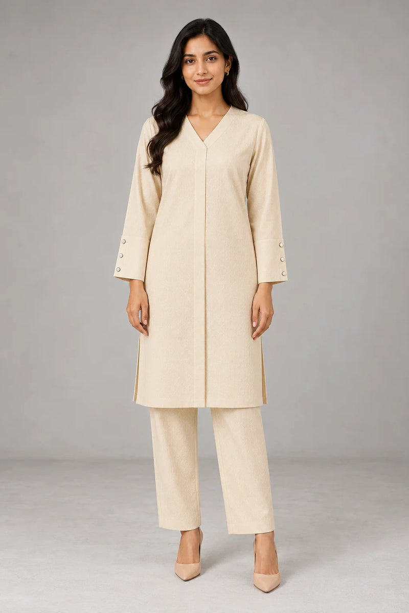 Cream V-Neck Co-ord Set