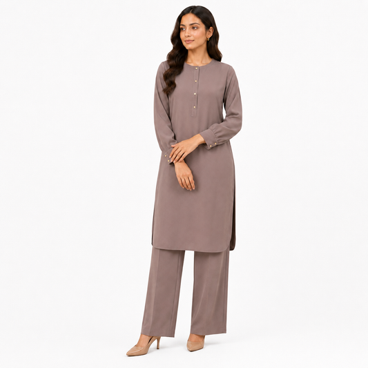 Woman wearing the Mink Taupe Scallop co-ord set, front view