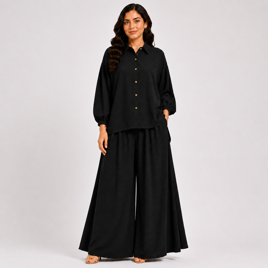 Woman wearing the Black Flapper co-ord set, front view