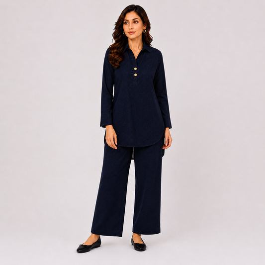 Woman wearing the Black Placket co-ord set, front view