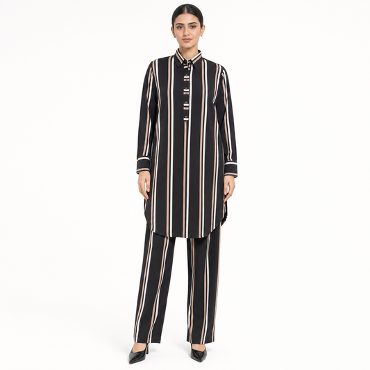 Woman wearing the Black Lining striped co-ord set, front view